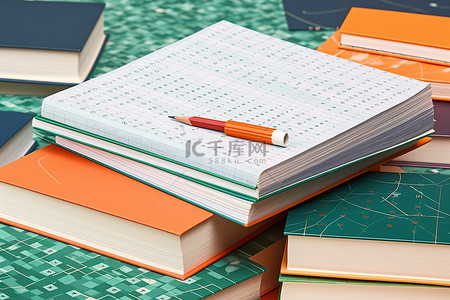 测试卡背景图片_一堆书堆在桌子上，上面有测试