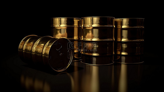 金色色调 3D 渲染油桶的黑色背景隔离