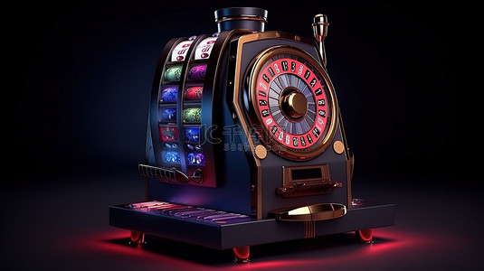 命运背景图片_逼真的 3D 老虎机和黑色背景的轮盘赌桌，终极在线赌场体验
