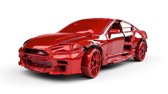 红色玻璃罩背景图片_时尚的红色概念车，带有底漆部件，隔离在白色背景 3D 插图上