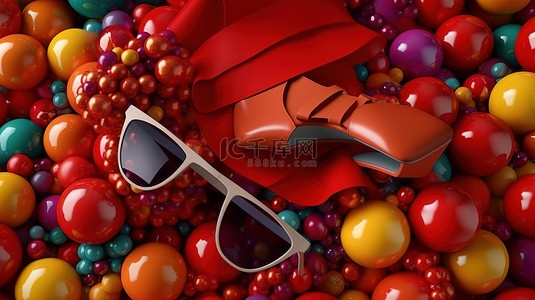 红色背景 3D 渲染上彩色球中充满活力的时尚配饰展示高跟鞋帽子太阳镜钱包等