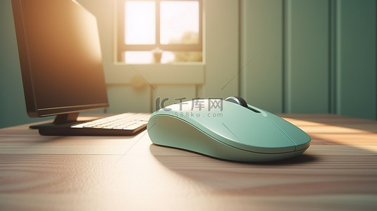 在 3D 渲染中用柔和的绿色墙壁和自然阳光在木质表面上提升笔记本电脑鼠标和办公桌的视野