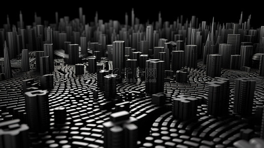 黑色纹理抽象城市景观的 3D 渲染