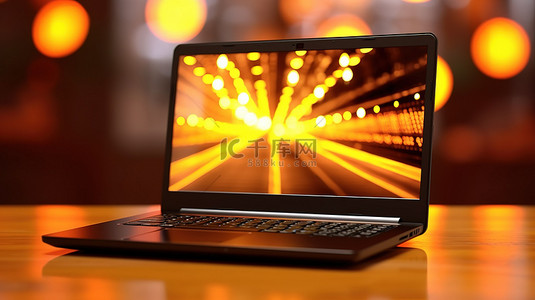 电脑放在桌子上背景图片_放在桌子上的笔记本电脑的 3D 渲染，背景中有黄色散景灯