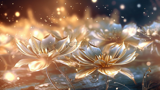 3D ai 插图中空灵奢华的金花花粉和童话般的灯光效果