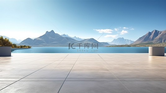 天空插画背景背景图片_在空混凝土地板上欣赏宁静湖景和山景的停车场的 3D 渲染