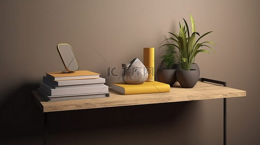 3d 渲染中的微型书籍和植物装饰桌架