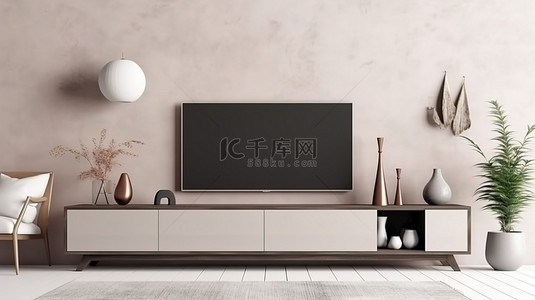 卧室电视墙背景图片_室内建筑设计的 3D 插图与现代生活家具的电视模型