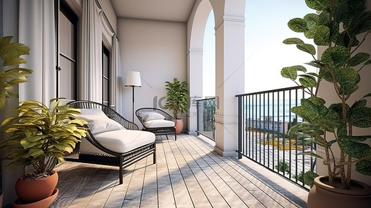 斯堪的纳维亚风格的经典阳台与 3D 渲染的室外露台室内设计