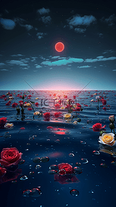玫瑰花卉大海星空月亮梦幻卡通广告背景