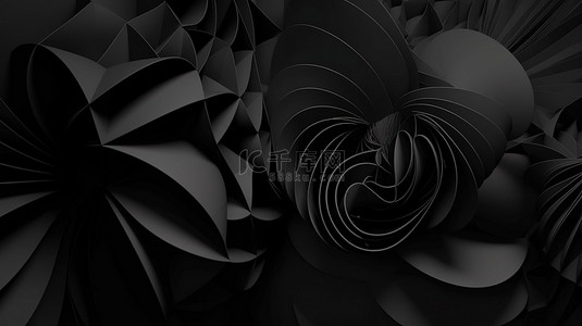 网站或演示模板引人注目的 3D 渲染抽象黑色剪纸艺术背景设计在黑色背景上