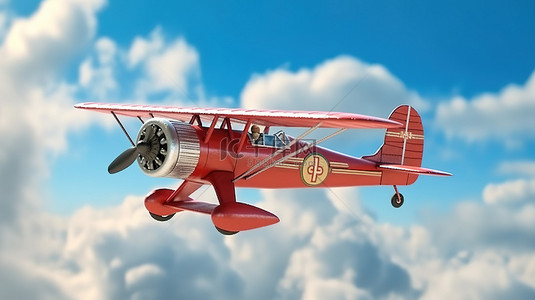 老式红色飞机，具有卡通氛围，在多云的蓝天 3d 渲染中翱翔