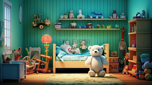 异想天开的儿童游戏室 3D 渲染毛绒动物玩具系列