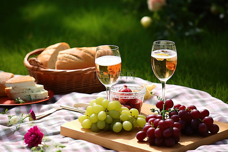 公园里的野餐展示了蔓越莓酒和一些葡萄