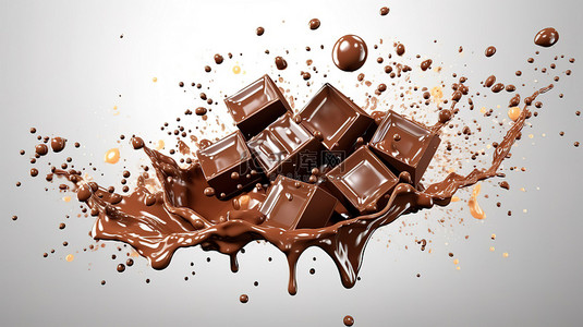 融化的巧克力滴背景图片_巧克力滴落成巧克力飞溅的 3D 插图