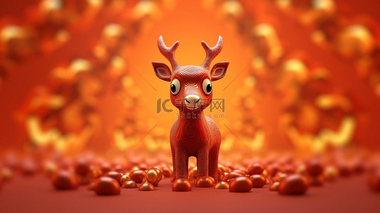 3d 渲染红色背景与节日圣诞驯鹿