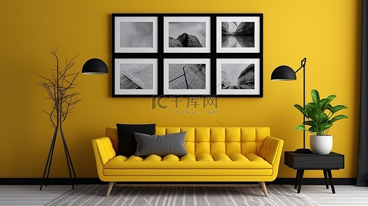 引人注目的客厅室内设计的 3D 渲染，以黄色和黑色座椅和墙上的艺术品为特色