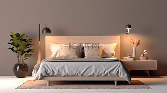 现代床设计，配有毛绒床头板邻近床头柜照明灯和迷人的花盆 3D 视觉效果
