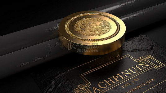 文件印章背景图片_黑纸上的 3D 金色印章是文件认证的象征