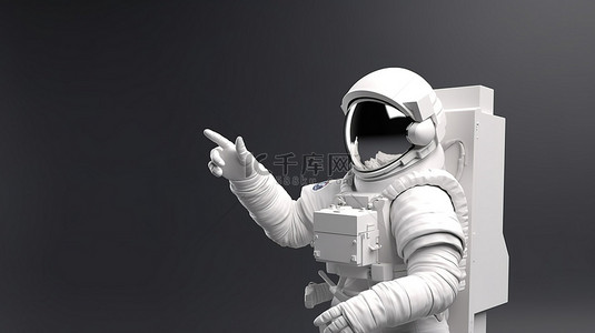 宇航员的手做出手指手势并举着白色横幅的插图 3D 渲染