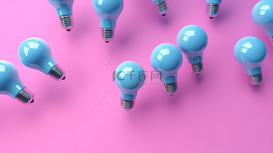 粉红色背景上蓝色灯泡中漂浮的简约概念灯泡的 3D 渲染