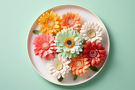 五颜六色的花背景图片_盘子中间排列着五颜六色的花朵