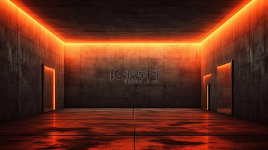 橙色霓虹灯 3D 渲染照亮的坚韧混凝土房间