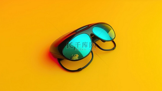 虚拟现实背景背景图片_带浮雕 3D 眼镜和 CD 的黄色背景娱乐 PC 鼠标的顶视图
