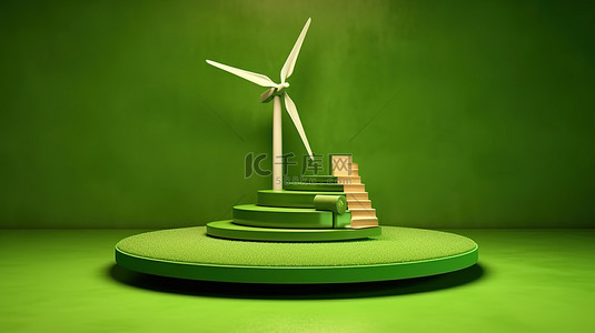 可持续性创新背景图片_展示台的创新 3D 渲染，配有风力涡轮机和环保产品的回收标志