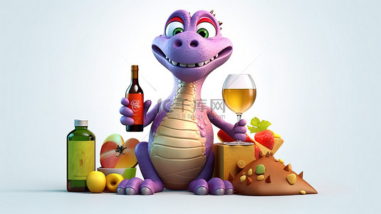霸王龙可爱背景图片_搞笑的 3D 恐龙，带有标志和酒托盘