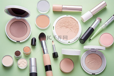 绿色表面上排列的各种化妆品