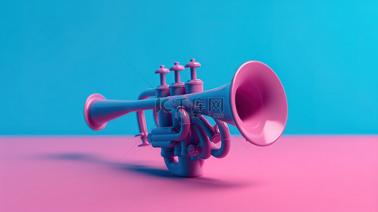 粉红色背景上蓝色儿童玩具喇叭的双色调风格 3D 渲染