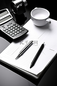 电话办公背景图片_电话计算器笔记本和桌子上的杯子以及计算器