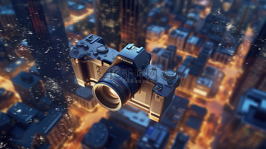 夜间城市飞行 3D 插图通过相机运动描绘通信概念