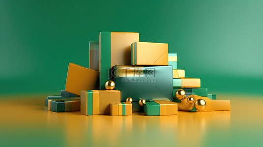 黄色和绿色色调的几何平台组合，带有信用卡和礼品盒抽象 3D 渲染
