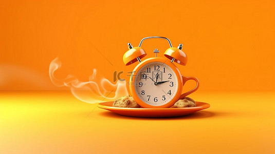 橙色背景，3D 渲染的咖啡杯作为闹钟，喝咖啡休息的象征性表示