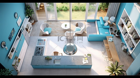 蓝色窗户背景图片_蓝色厨房的当代内部正交投影自上而下的 3D 视图