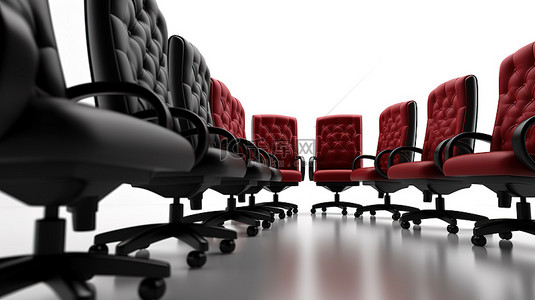 围绕着白色空间，黑色办公椅的 3D 渲染围绕着红色真皮老板椅