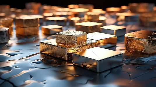 装饰有金条和硬币的石立方体的 3D 插图，非常适合金融银行和贸易