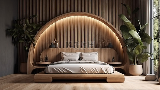 简约现代卧室背景图片_带弧形床头板和木床的简约热带卧室 3d 室内场景和模型渲染