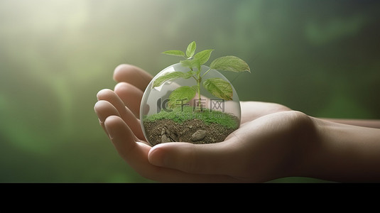 手握环境保护植物的 3d 渲染