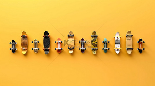 黄色背景上一套完整的干净滑板系列的 3D 插图