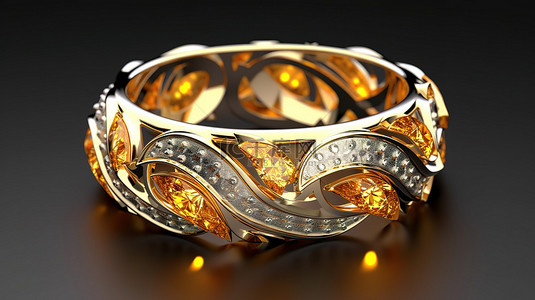 黑钻石背景图片_带有闪闪发光的钻石的旋转金戒指的 3D 插图
