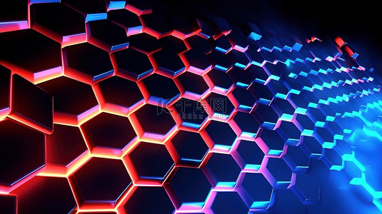 3d 渲染的霓虹灯发光六角形网格未来派抽象背景