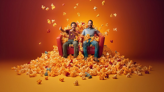 3D 渲染的男人享受电影之夜与爆米花溢出的插图