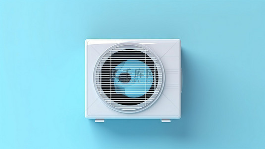 3D 渲染蓝色背景，配有带窗户的室内和室外空调机组