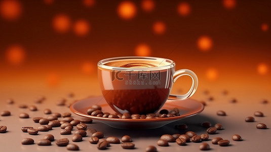 上一休一背景图片_一杯热乔和逼真的咖啡豆漂浮在 3D 渲染背景上