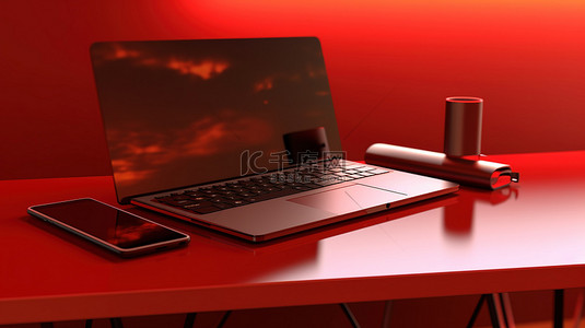 红色办公桌的 3D 插图，配有笔记本电脑和手机