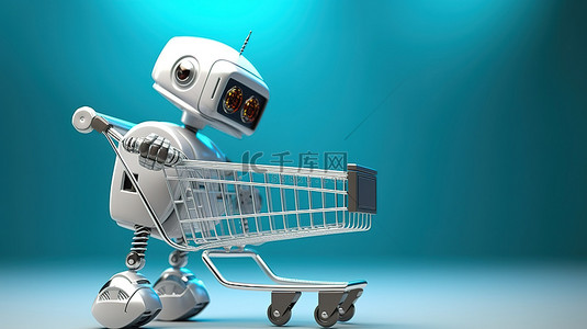 在线开公司背景图片_带购物车的 3D 渲染机器人说明网上购物的概念