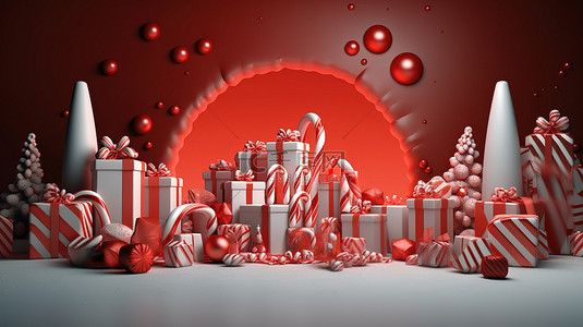 节日圣诞节横幅上红色礼物和拐杖糖的 3D 插图